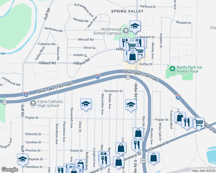 map of restaurants, bars, coffee shops, grocery stores, and more near 410 Beebe Ave in Elyria