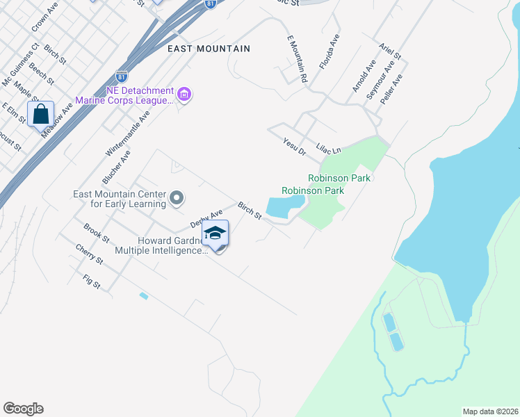map of restaurants, bars, coffee shops, grocery stores, and more near 1629 Birch Street in Scranton