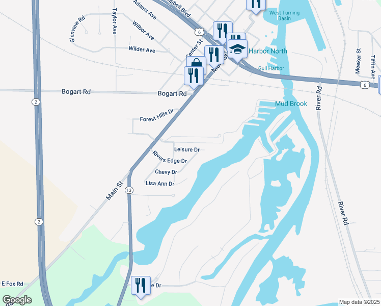 map of restaurants, bars, coffee shops, grocery stores, and more near 410 Leisure Drive in Huron