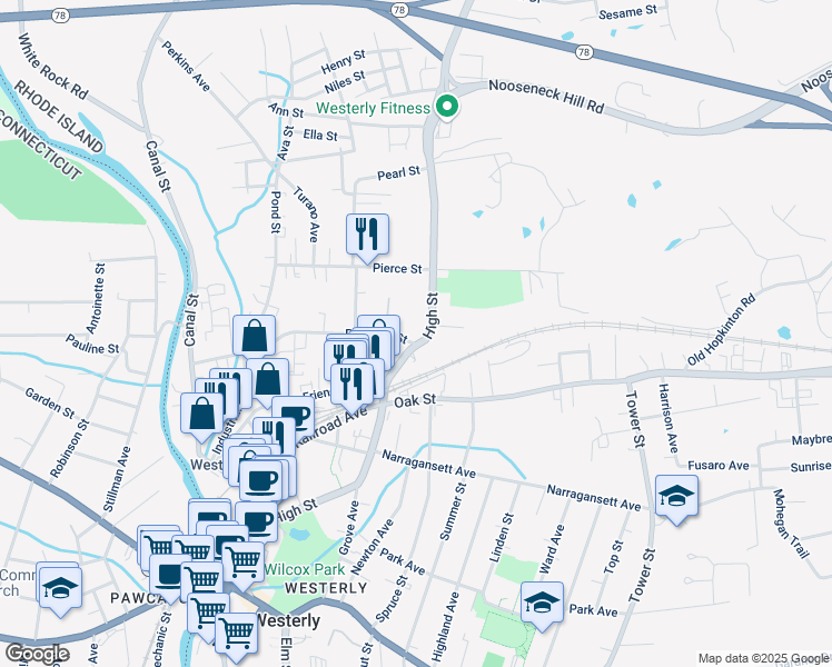 map of restaurants, bars, coffee shops, grocery stores, and more near 5 Pleasant Street in Westerly