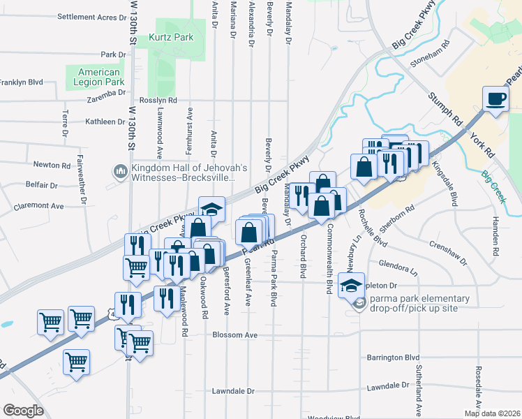 map of restaurants, bars, coffee shops, grocery stores, and more near 6586 Beverly Drive in Parma Heights