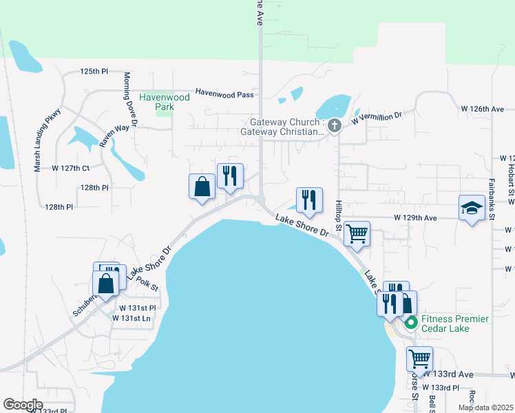 map of restaurants, bars, coffee shops, grocery stores, and more near 8037 Lakeshore Drive in Cedar Lake