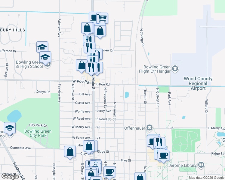 map of restaurants, bars, coffee shops, grocery stores, and more near 939 North Summit Street in Bowling Green