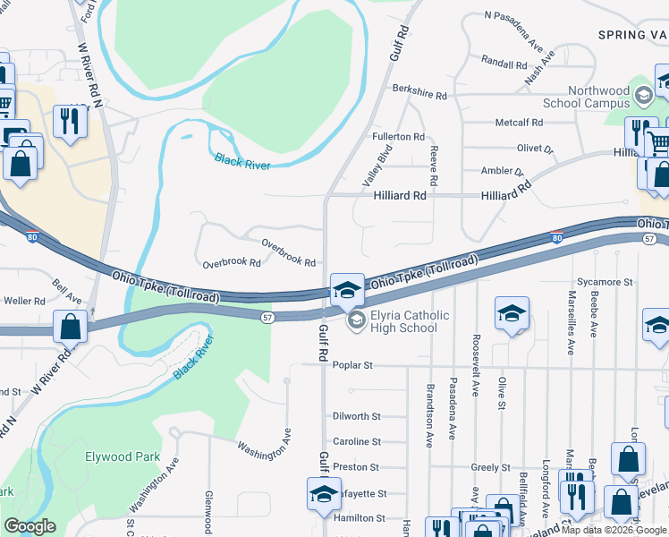 map of restaurants, bars, coffee shops, grocery stores, and more near 909 Gulf Road in Elyria