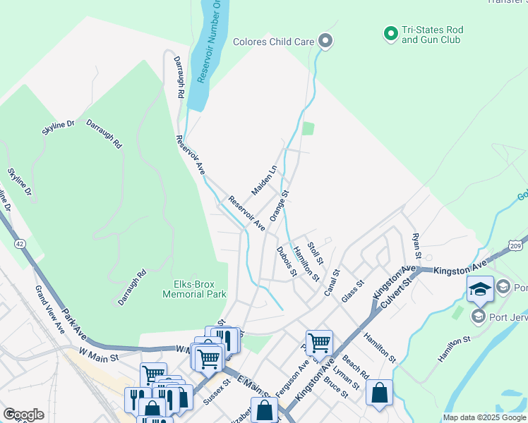 map of restaurants, bars, coffee shops, grocery stores, and more near 103 Hudson Street in Port Jervis