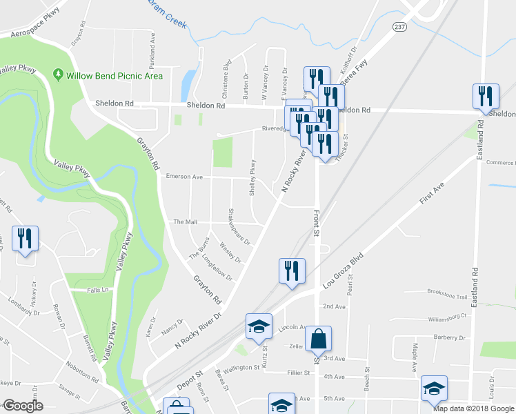 map of restaurants, bars, coffee shops, grocery stores, and more near 730 Shelley Pkwy in Berea