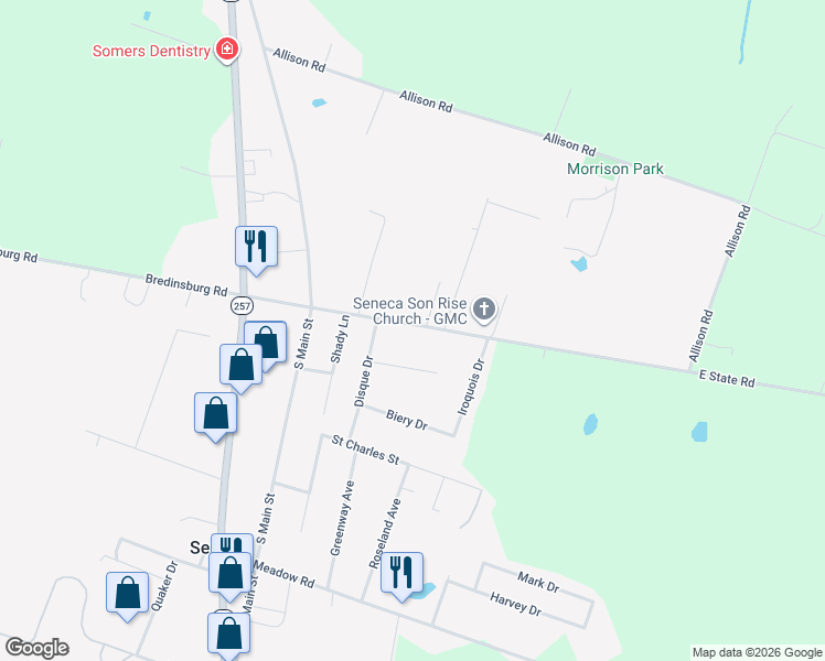 map of restaurants, bars, coffee shops, grocery stores, and more near 173 East State Road in Seneca