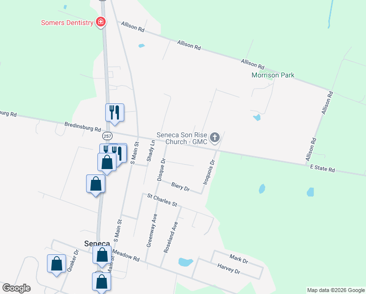 map of restaurants, bars, coffee shops, grocery stores, and more near 173 East State Road in Seneca