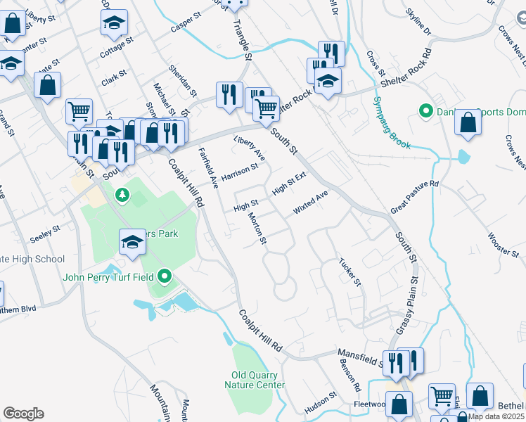 map of restaurants, bars, coffee shops, grocery stores, and more near 5 President Street in Danbury