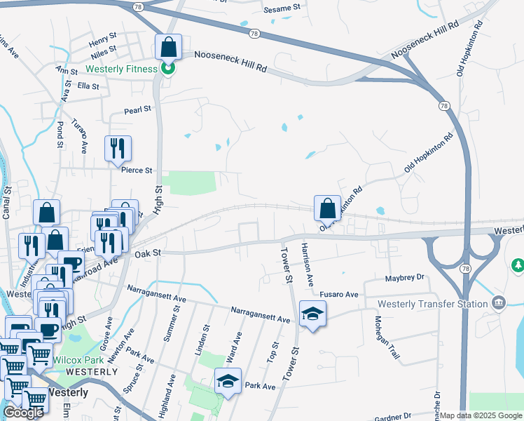 map of restaurants, bars, coffee shops, grocery stores, and more near 11 Burns Avenue in Westerly