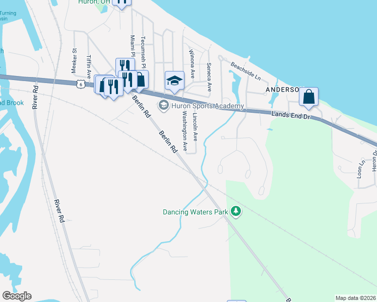 map of restaurants, bars, coffee shops, grocery stores, and more near 540 Washington Avenue in Huron