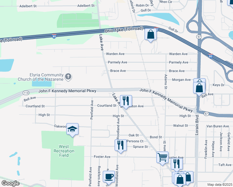 map of restaurants, bars, coffee shops, grocery stores, and more near 106 Bell Avenue in Elyria