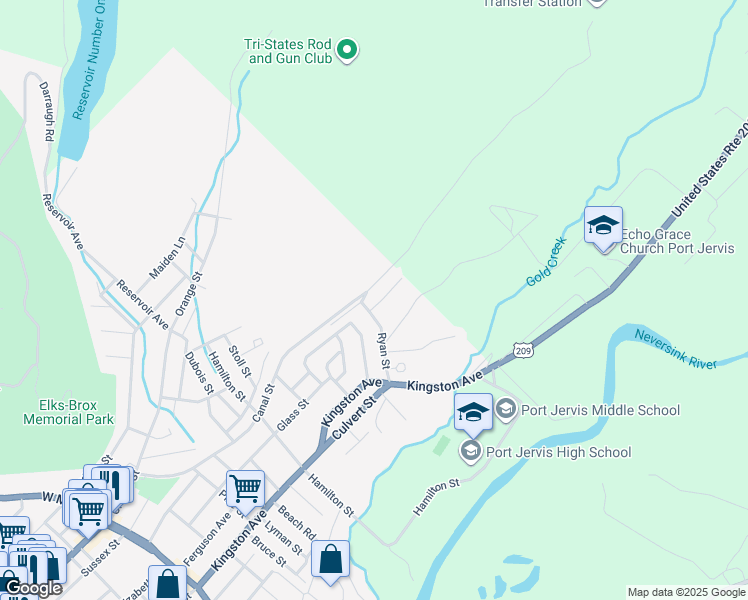 map of restaurants, bars, coffee shops, grocery stores, and more near 7 Ridge Street in Port Jervis