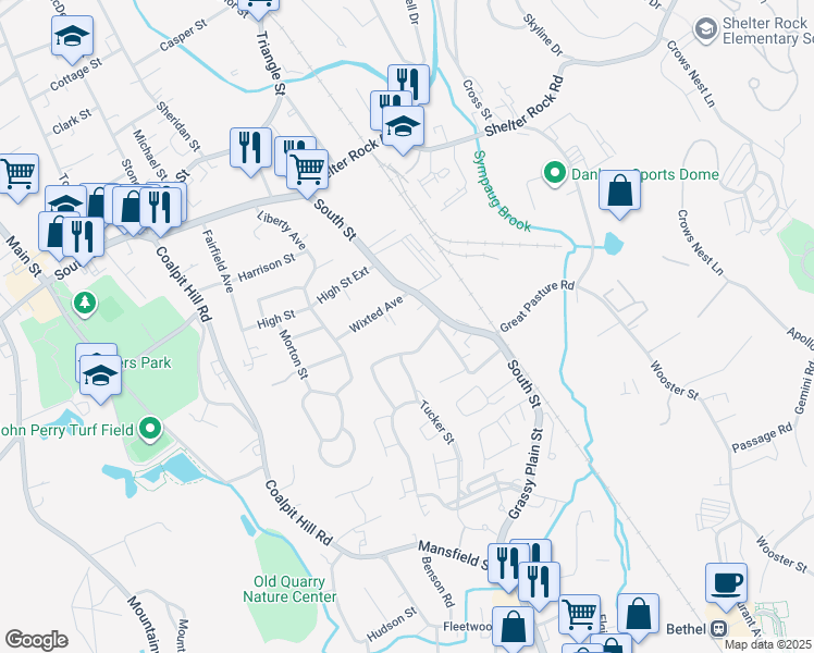 map of restaurants, bars, coffee shops, grocery stores, and more near 21A Wixted Avenue in Danbury