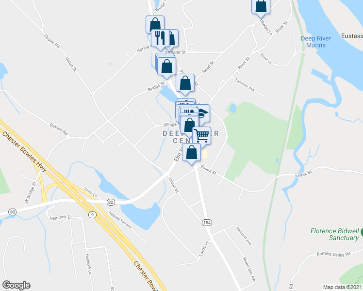 map of restaurants, bars, coffee shops, grocery stores, and more near 8 Elm Street in Deep River