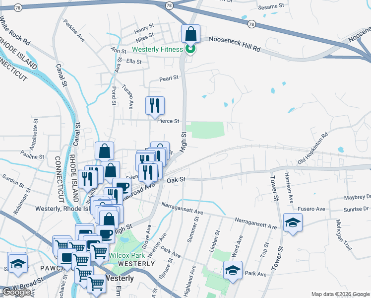 map of restaurants, bars, coffee shops, grocery stores, and more near 145 High Street in Westerly
