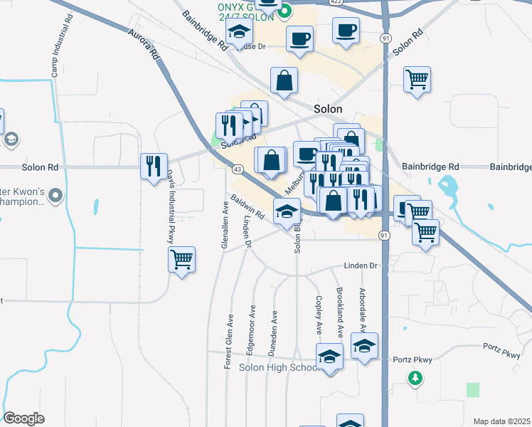 map of restaurants, bars, coffee shops, grocery stores, and more near 32831 Baldwin Road in Solon