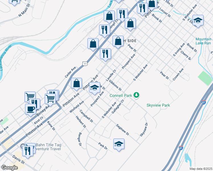map of restaurants, bars, coffee shops, grocery stores, and more near 2122 Prospect Avenue in Scranton