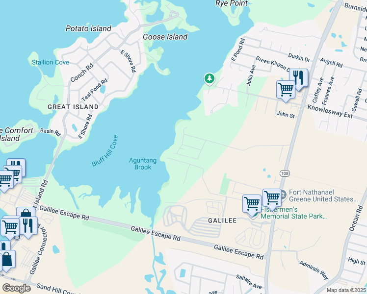 map of restaurants, bars, coffee shops, grocery stores, and more near 44 Sunset Shore Dr in Narragansett