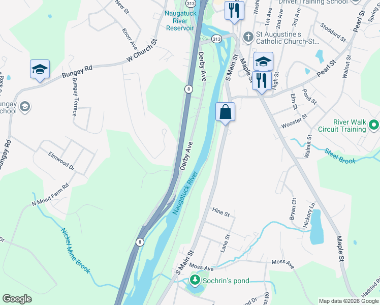 map of restaurants, bars, coffee shops, grocery stores, and more near 149 Derby Avenue in Seymour