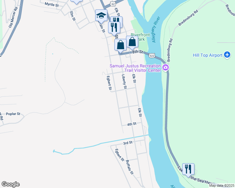 map of restaurants, bars, coffee shops, grocery stores, and more near 542 Buffalo Street in Franklin