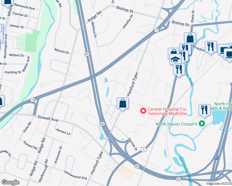 map of restaurants, bars, coffee shops, grocery stores, and more near 5 Rose Lane in North Haven