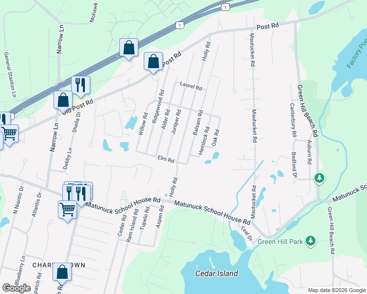 map of restaurants, bars, coffee shops, grocery stores, and more near 38 Balsam Road in South Kingstown