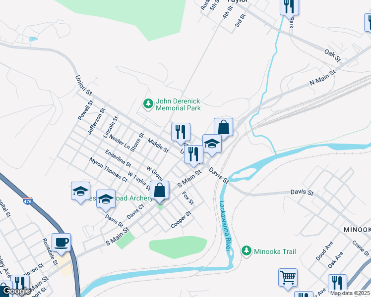 map of restaurants, bars, coffee shops, grocery stores, and more near 200 Union Street in Taylor