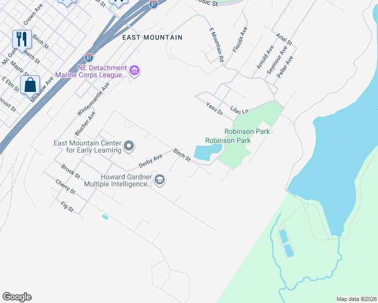 map of restaurants, bars, coffee shops, grocery stores, and more near 1629 Birch Street in Scranton