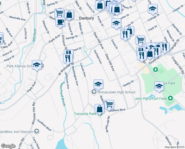 map of restaurants, bars, coffee shops, grocery stores, and more near 33 Lincoln Avenue in Danbury