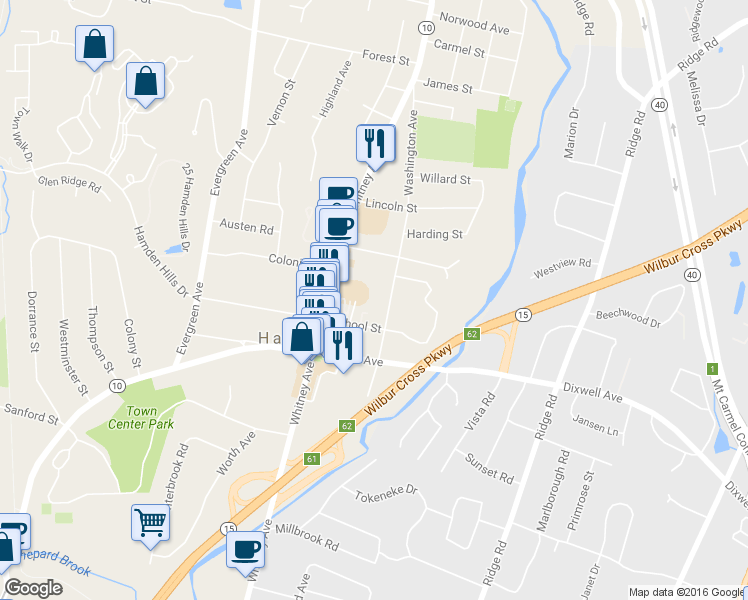 map of restaurants, bars, coffee shops, grocery stores, and more near 66 Washington Avenue in Hamden