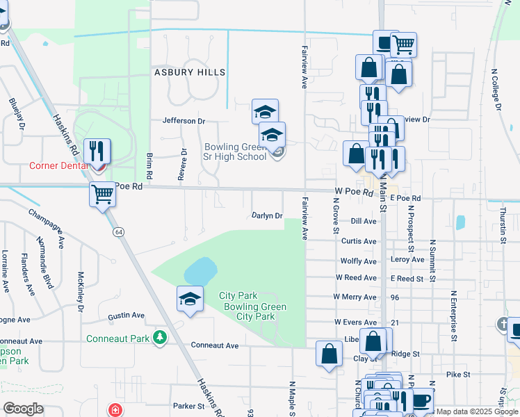 map of restaurants, bars, coffee shops, grocery stores, and more near 46 Darlyn Drive in Bowling Green