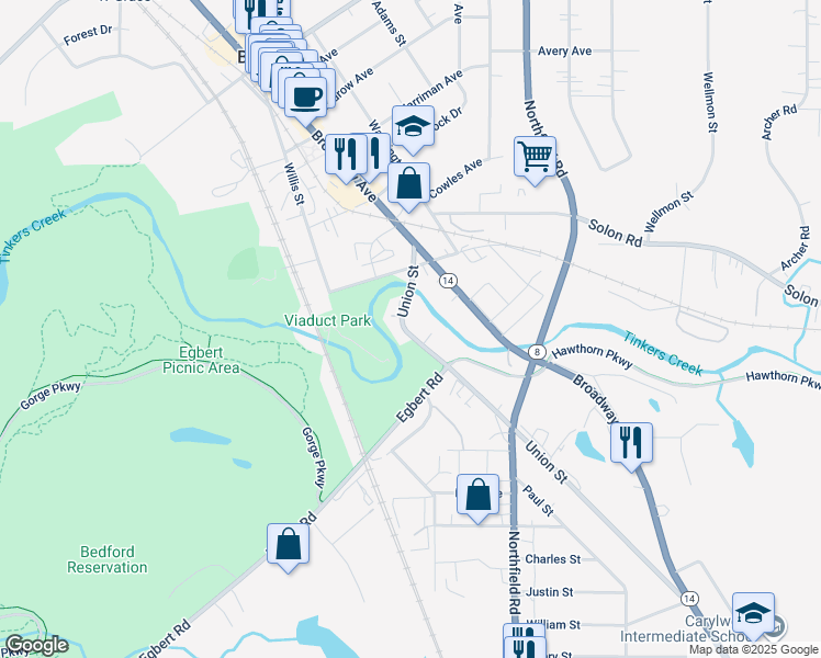 map of restaurants, bars, coffee shops, grocery stores, and more near 81 Union Street in Bedford