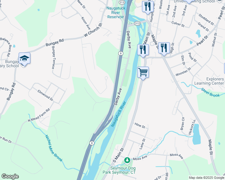 map of restaurants, bars, coffee shops, grocery stores, and more near 202 Cedar Street in Seymour