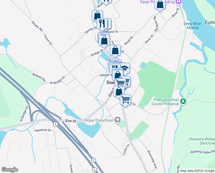 map of restaurants, bars, coffee shops, grocery stores, and more near 8 Elm Street in Deep River