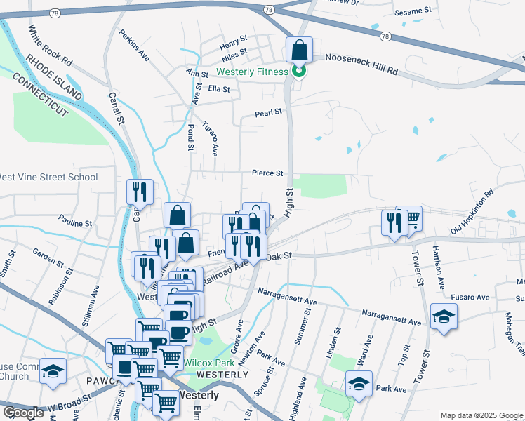 map of restaurants, bars, coffee shops, grocery stores, and more near 9 Pleasant Street in Westerly