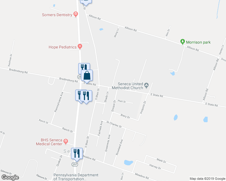 map of restaurants, bars, coffee shops, grocery stores, and more near 151 East State Road in Seneca