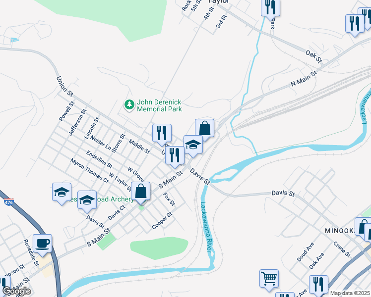 map of restaurants, bars, coffee shops, grocery stores, and more near 111 Church Street in Taylor