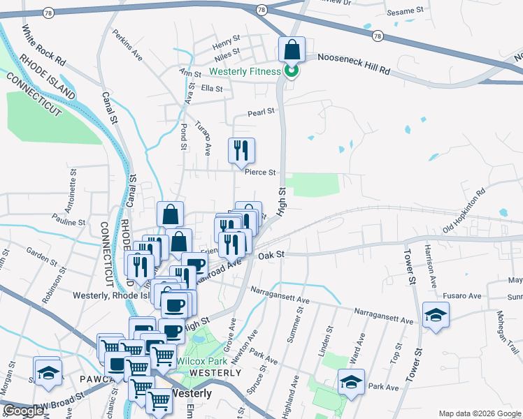 map of restaurants, bars, coffee shops, grocery stores, and more near 5 Pleasant Street in Westerly