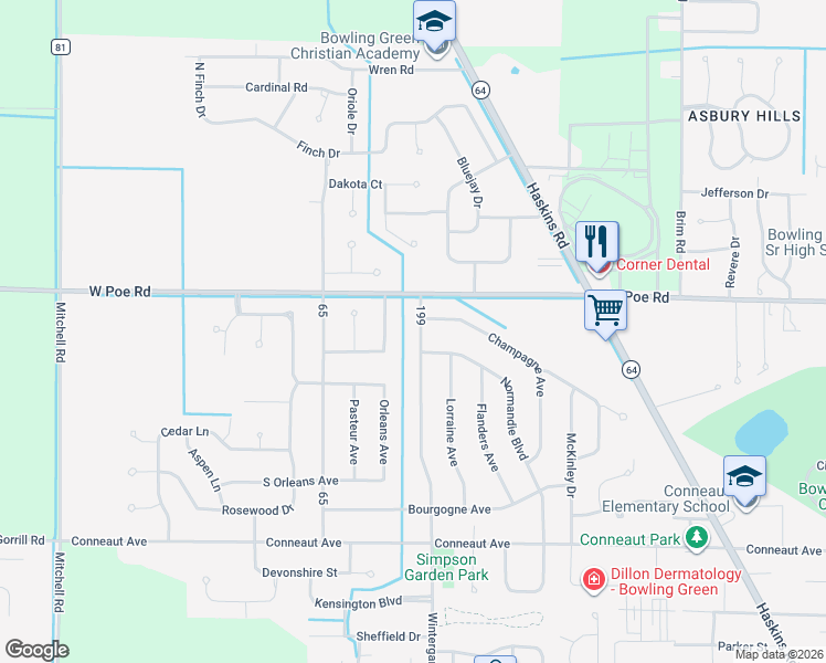 map of restaurants, bars, coffee shops, grocery stores, and more near 808 Savoie Avenue in Bowling Green