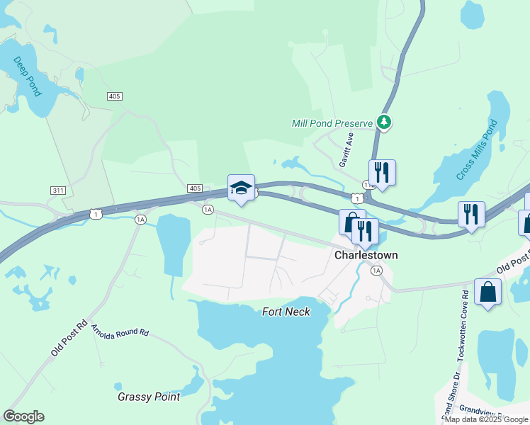 map of restaurants, bars, coffee shops, grocery stores, and more near 4575 Old Post Road in Charlestown