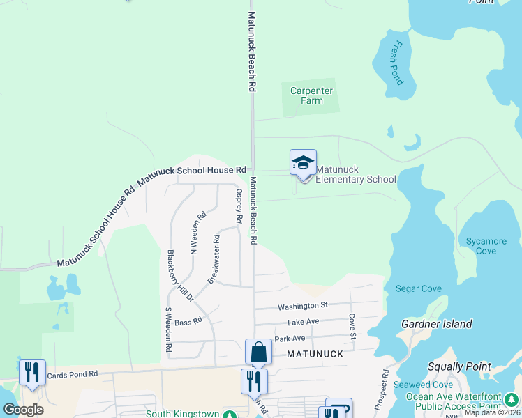 map of restaurants, bars, coffee shops, grocery stores, and more near 420 Matunuck Beach Road in South Kingstown