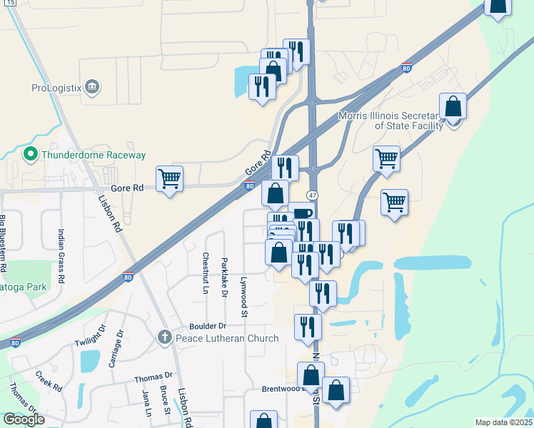 map of restaurants, bars, coffee shops, grocery stores, and more near 101 Sharon Drive in Morris