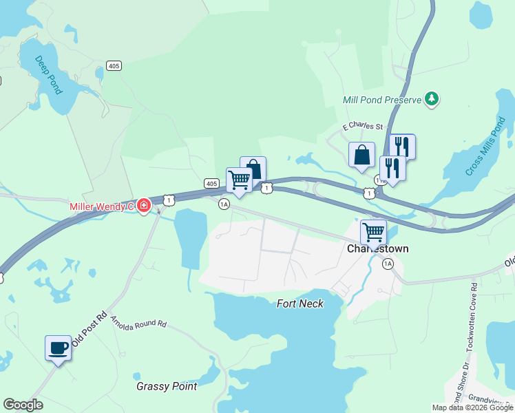 map of restaurants, bars, coffee shops, grocery stores, and more near 4605 Old Post Road in Charlestown