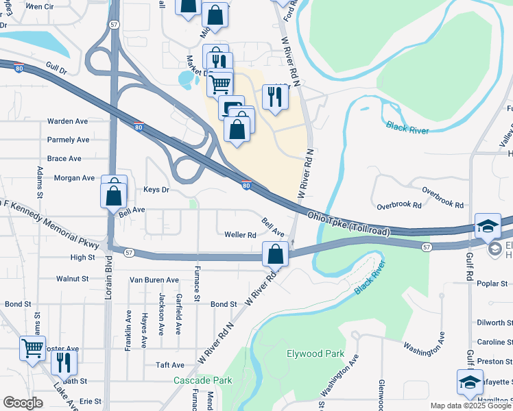 map of restaurants, bars, coffee shops, grocery stores, and more near 642 Bell Avenue in Elyria