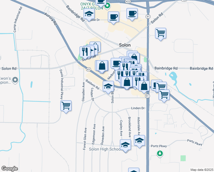 map of restaurants, bars, coffee shops, grocery stores, and more near 33170 Aurora Road in Solon