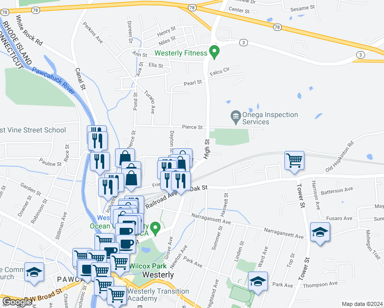 map of restaurants, bars, coffee shops, grocery stores, and more near 5 Pleasant Street in Westerly
