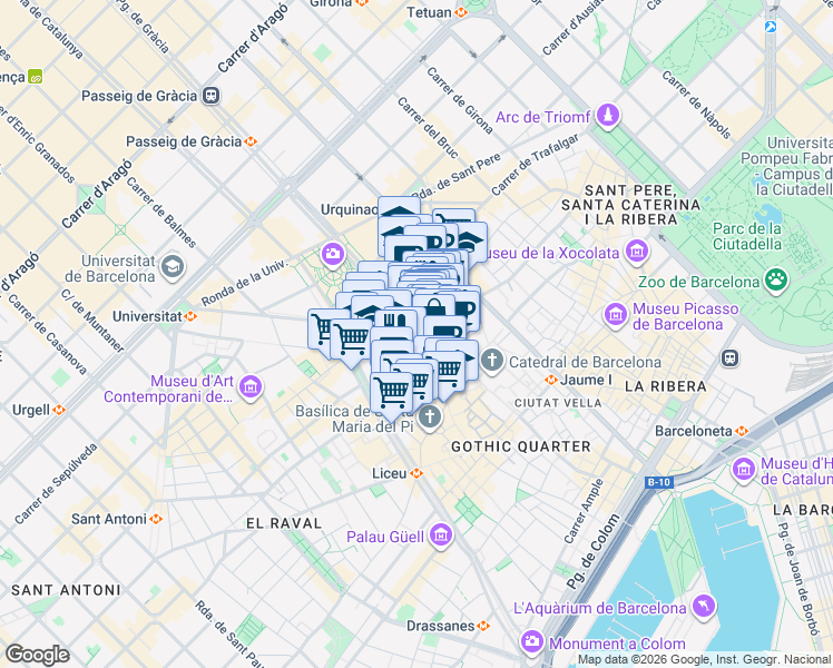 map of restaurants, bars, coffee shops, grocery stores, and more near 11 Avinguda del Portal de l'Àngel in Barcelona