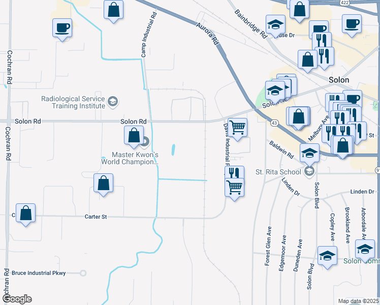 map of restaurants, bars, coffee shops, grocery stores, and more near 31700 Solon Road in Solon