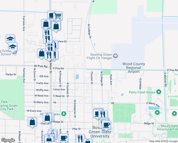map of restaurants, bars, coffee shops, grocery stores, and more near 520 East Poe Road in Bowling Green